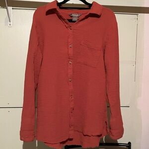 Natural Reflections Women's Orange Button-Down Shirt with frayed edge detailing